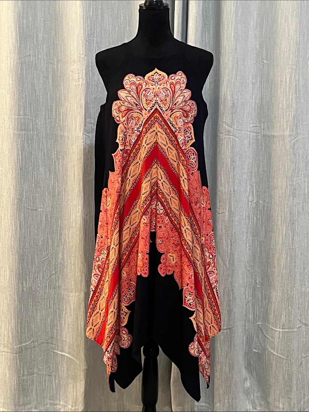 Maggy London Navy Dress with Red & Coral Paisley Design